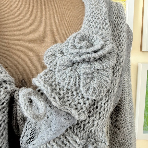 Y2K Coquette Grey Knit Lace Cardigan – Balletcore Fairy Grunge Tie Front - Picture 6 of 12